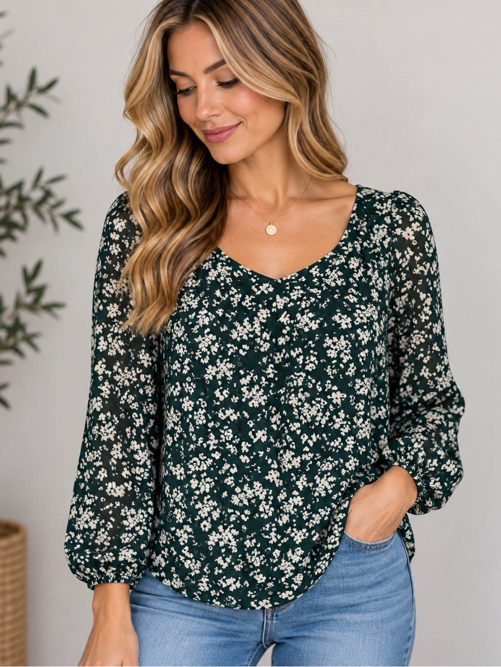 384 LUSH Small Teal Cream Floral V Neck Long Sleeve Blouse Puff Sleeve Boho